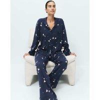 M&S Cotton Modal Printed Revere Long Pyjama Set Indigo Mix