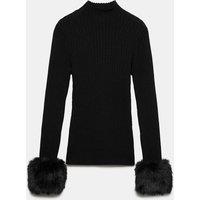 Autograph Pure Merino Wool Ribbed High Neck Fur Trim Jumper Black