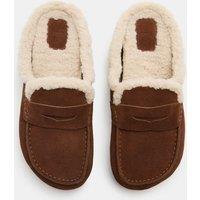 M&S Suede Faux Fur Lined Round Toe Mule Slippers Dark Tan