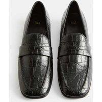 M&S Croc Slip On Block Heel Square Toe Loafers Black
