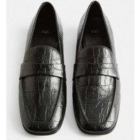 M&S Croc Slip On Block Heel Square Toe Loafers Black