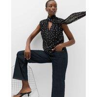 M&S Polka Dot V-Neck Scarf Detail Top Black Mix