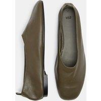 M&S Leather High Vamp Flat Ballet Pumps Olive