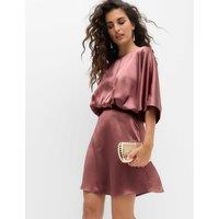 M&S Satin Flute Sleeve Round Neck Mini Waisted Dress Dusted Plum