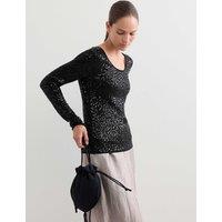 JAEGER Pure Merino Wool Sequin Scoop Neck Knitted Top Black