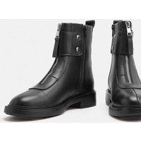 M&S Leather Biker Buckle Block Heel Round Toe Boot Black