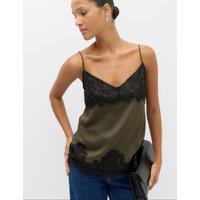 M&S Satin V Neck Lace Insert Longline Cami Top Olive Mix