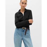 M&S Ribbed Textured Half Zip Fitted Knitted Top Black