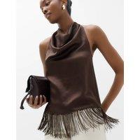 M&S Satin Cowl Neck Fringe Detail Cami Top Dark Chocolate