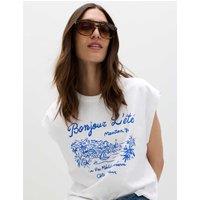 M&S Pure Cotton Graphic Cap Sleeve T-Shirt White Mix
