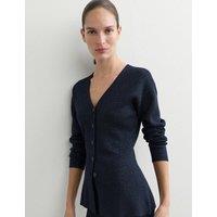 JAEGER Merino Wool Rich Sparkly V Neck Cardigan Navy Mix