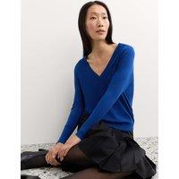 JAEGER Merino Wool with Silk V-Neck Jumper Bright Blue