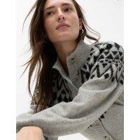 M&S Fair Isle Funnel Neck Button Front Slim Fit Cardigan with Wool Grey Mix