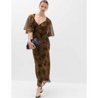 M&S Floral Cape V-Neck Maxi Tea Dress Brown Mix