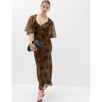 M&S Floral Cape V-Neck Maxi Tea Dress Brown Mix