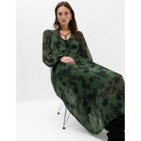 M&S Chiffon Floral V Neck Midaxi Waisted Dress Green Mix