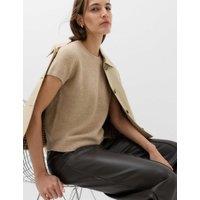 M&S Crew Neck Short Knitted Top With Wool Medium Beige