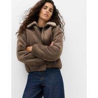 M&S Faux Shearling Zip Up Bomber Jacket Sable