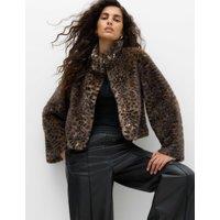 M&S Faux Fur Funnel Neck Cropped Jacket Brown Mix