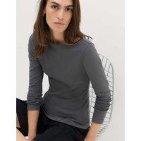 M&S Cotton Rich Premium Slash Neck Top Dark Grey