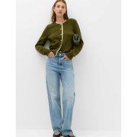 M&S Lace Detail Crew Neck Cardigan Dark Olive Mix