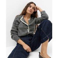 M&S Lace Detail Crew Neck Cardigan Mid Grey