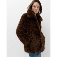 M&S Faux Fur Leopard Print Collared Short Jacket Brown Mix