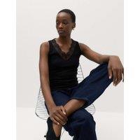 M&S Ribbed Lace Trim Vest Black