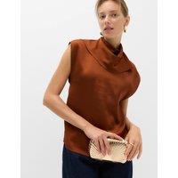 M&S Satin High Neck Scarf Detail Top Bronze