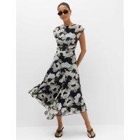 M&S Mesh Floral Ruched Midi Waisted Dress Black Mix