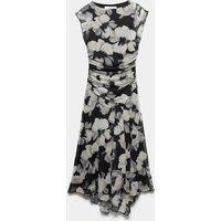 M&S Mesh Floral Ruched Midi Waisted Dress Black Mix