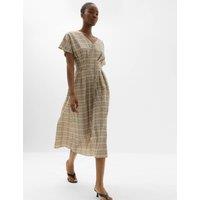 M&S Pure Cotton Checked V-Neck Midi Waisted Dress Beige Mix