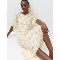 M&S Floral Angel Sleeve Midi Waisted Dress Ivory Mix