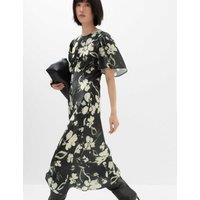 M&S Satin Floral Empire Line Midi Waisted Dress Black Mix