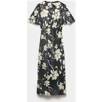 M&S Satin Floral Empire Line Midi Waisted Dress Black Mix