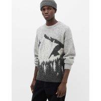 M&S Mountain Scene Crew Neck Jumper with Wool Grey Mix