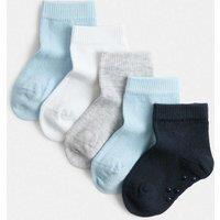 M&S 5 Pack Cotton Rich Gripper Baby Socks (0-24 Mths) Blue Mix