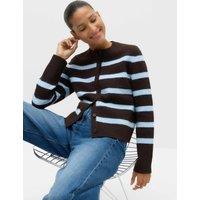 M&S Striped Crew Neck Button Front Cardigan with Wool Bitter Chocolate