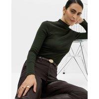 M&S Cotton Rich Ribbed Funnel Neck Top Dark Khaki