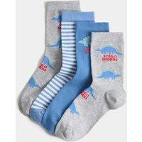 M&S 4 Pack Cotton Rich Dinosaur Socks Blue Mix