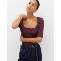 M&S Square Neck Half Sleeve Fitted Bodysuit Burgundy
