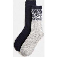 M&S 2 Pack Thermal Fairisle Ribbed Crew Socks Navy Mix