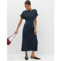 M&S Satin Lace Insert Midi Waisted Dress Navy Mix