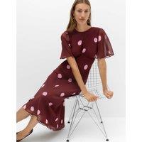 M&S Chiffon Spot Print Midi Waisted Dress Red Mix
