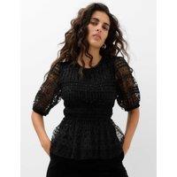 M&S Sequin Shirred Puff Sleeve Peplum Top Black