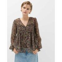 M&S Floral Ruffle V-Neck Blouse Khaki Mix