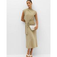 M&S Jersey Tie Waist Midi Waisted Dress Light Khaki