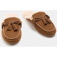 M&S Suede Faux Fur Lined Backless Mocassin Slippers Tan