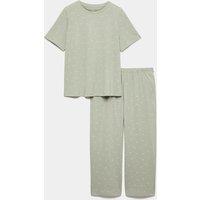 M&S Cotton Rich Printed Cropped Pyjama Set Soft Green