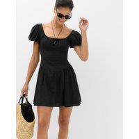 M&S Linen Blend Square Neck Puff Sleeve Mini Dress Black